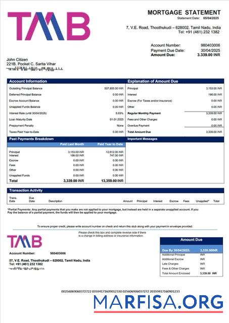 Blank India Tamilnad Mercantile Bank mortgage statement Word and PDF template